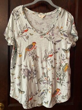 Lucky Brand Light Blue Bird & Botanical Short Sleeve Tee, Women’s Size Large